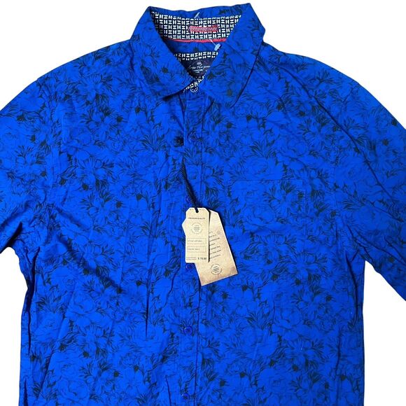 Across The Pond Button Up Shirt Mens M Navy Blue Floral Resort Wear Flip Cuff - Picture 1 of 11